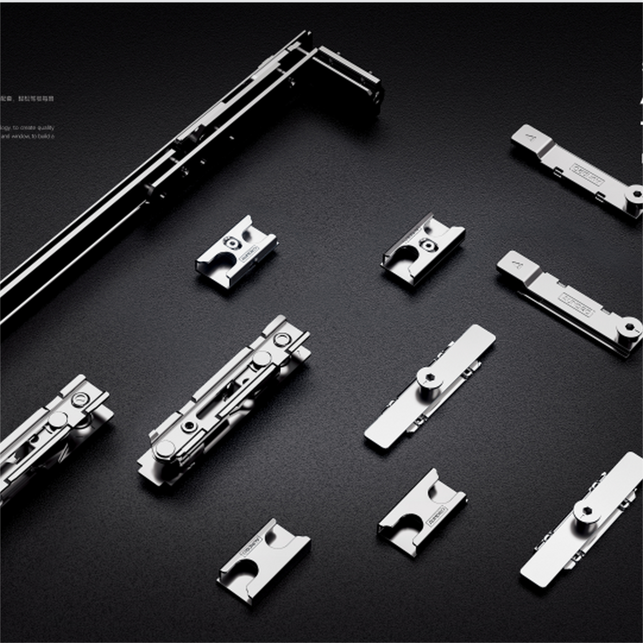 Aluminum hardware accessories including handles, brackets, and mounting components arranged on workbench
